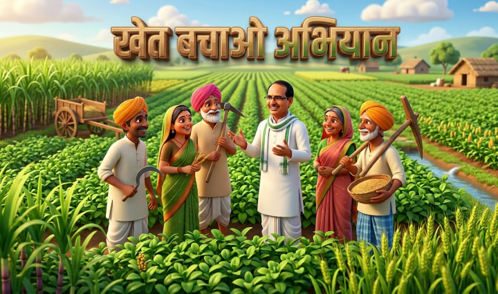 Farmers and an agricultural advisor discussing crops in a lush green farm field.